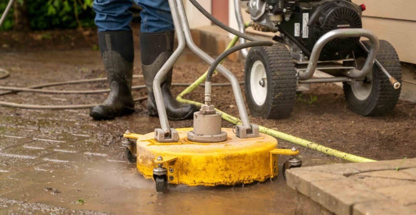 Rotary surface cleaner jet washing paving