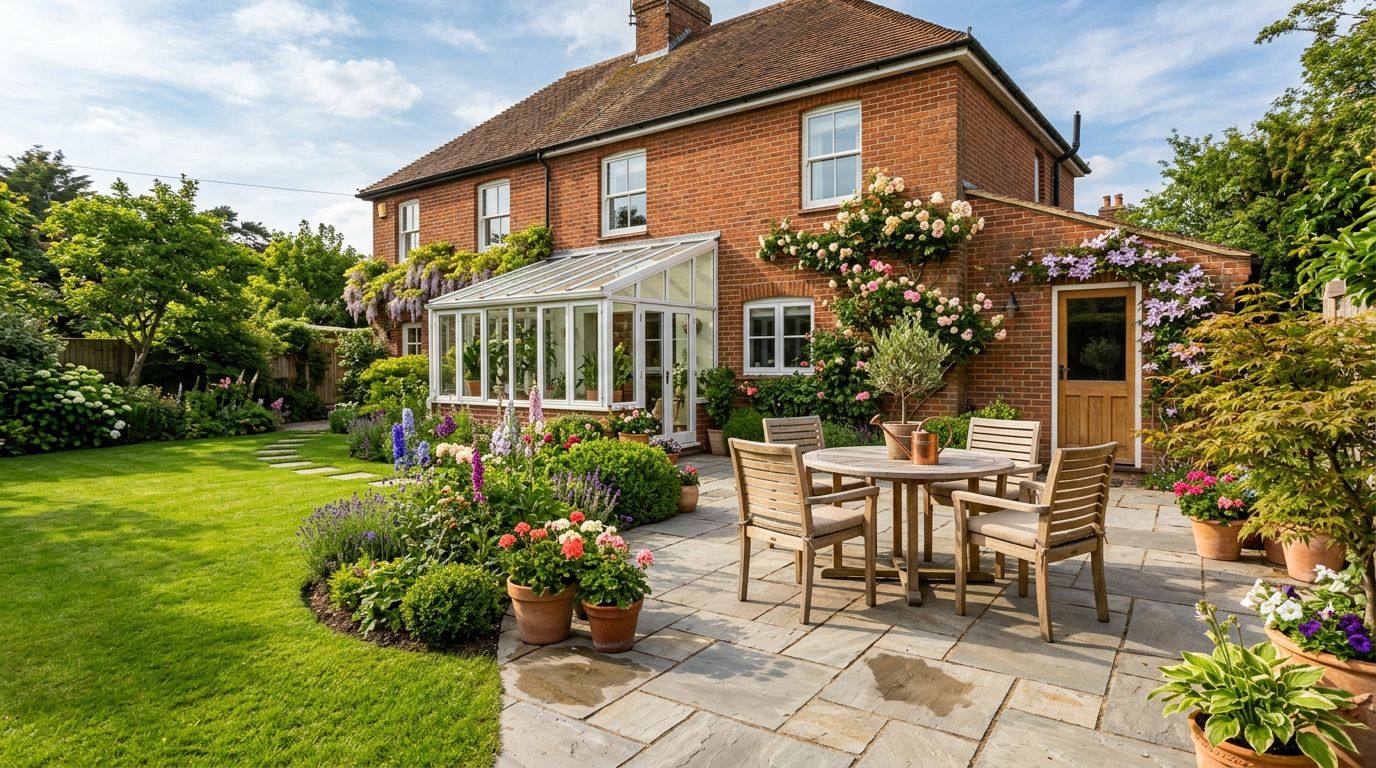 Clean patio in an English back garden