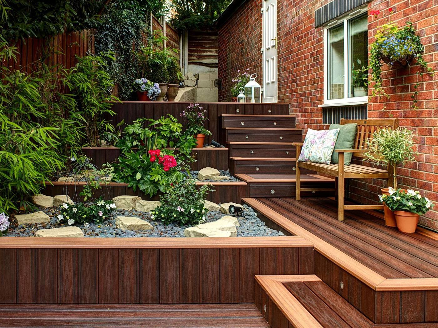 Timber decking steps in a British garden