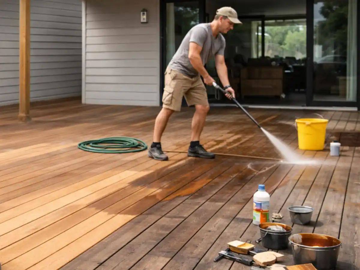 Pressure washing timber decking
