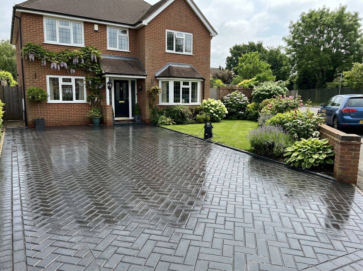Freshly jet washed grey block paved driveway in front of a UK house