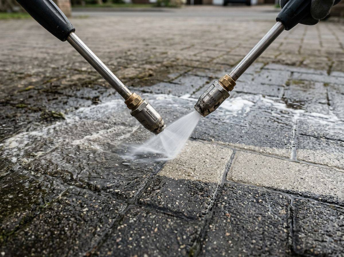 Pressure washer cleaning dirty block paving