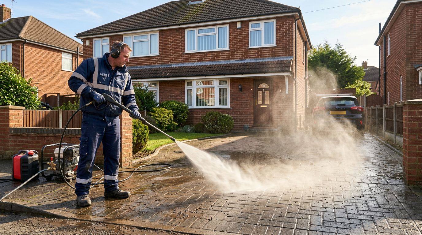 Jet washing a block paved driveway outside a semi-detached house