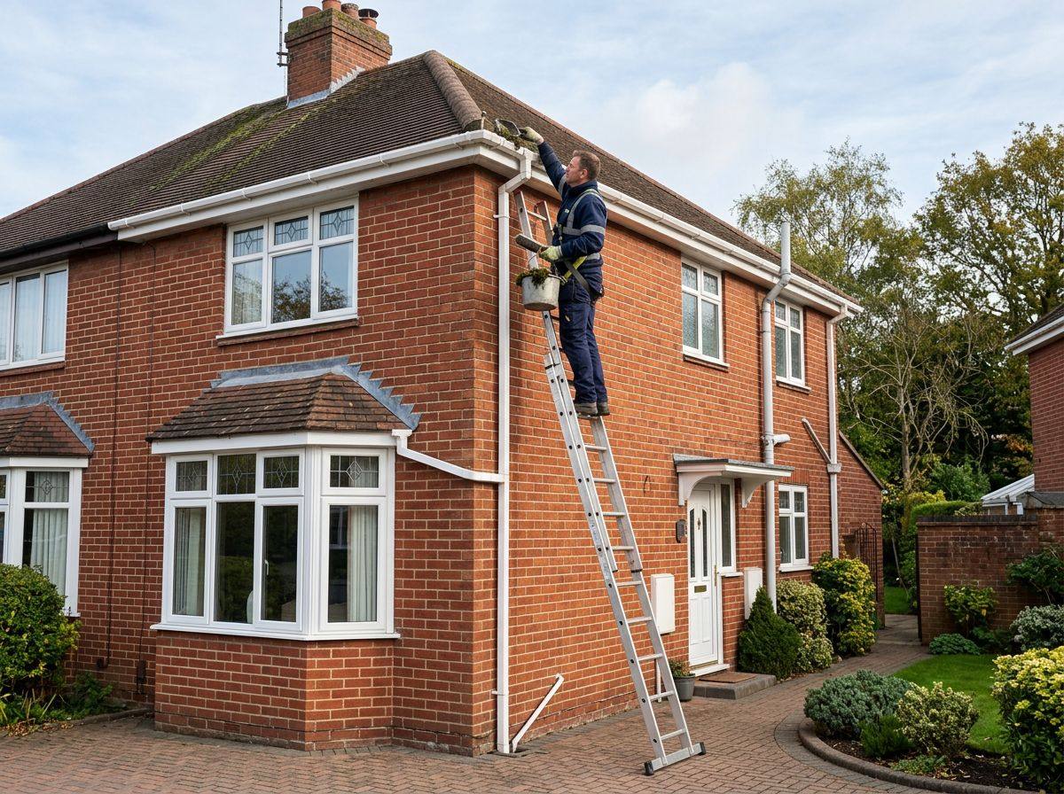 Worker cleaning gutters of a UK semi-detached house