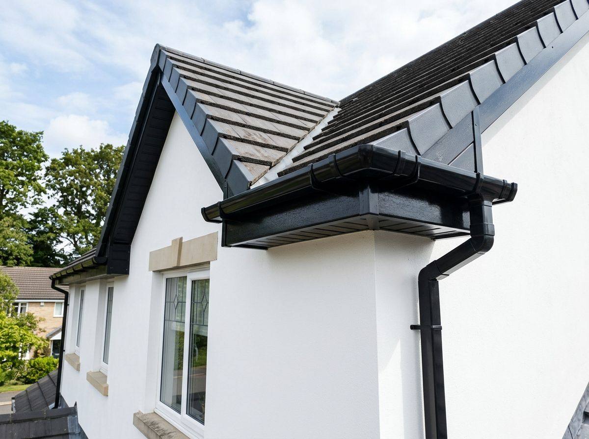 Clean black gutters and fascias on a white rendered house