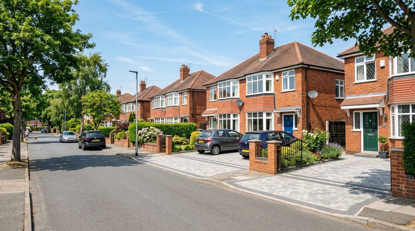 Street of British red-brick semi-detached houses with clean driveways