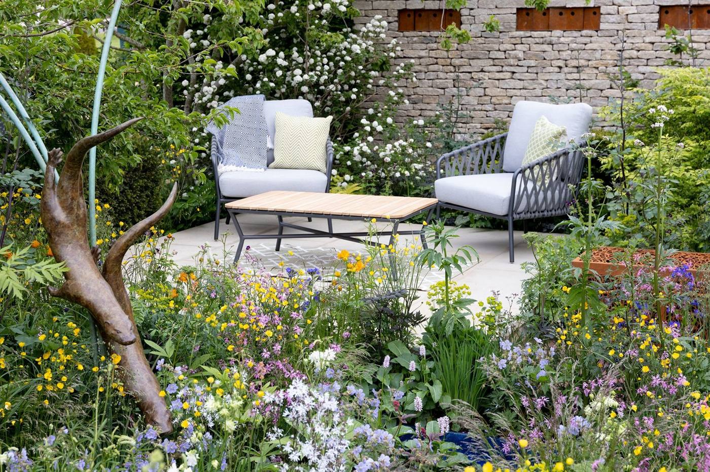 Clean stone patio in an English garden