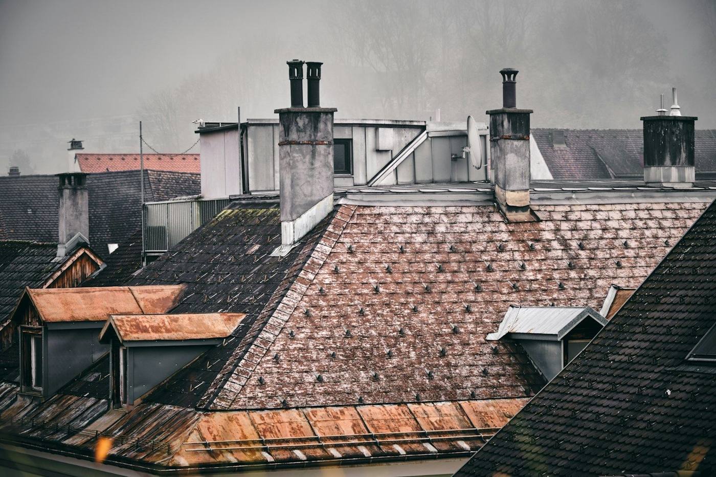 Rooftops and chimneys of English houses
