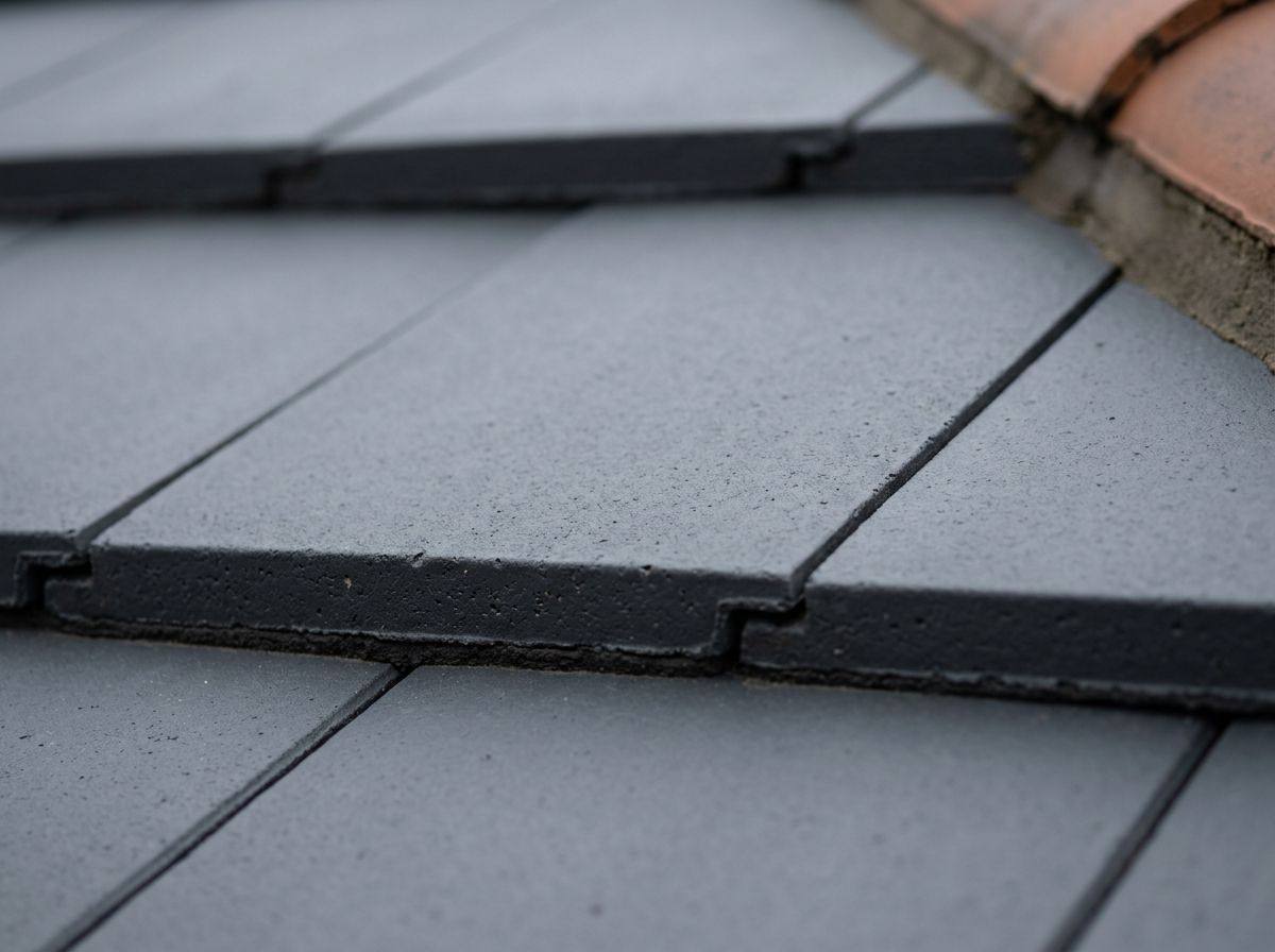 Freshly coated dark grey roof tiles close-up