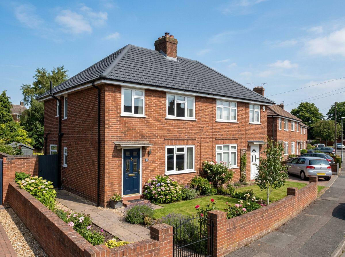 Semi-detached house with freshly coated charcoal roof