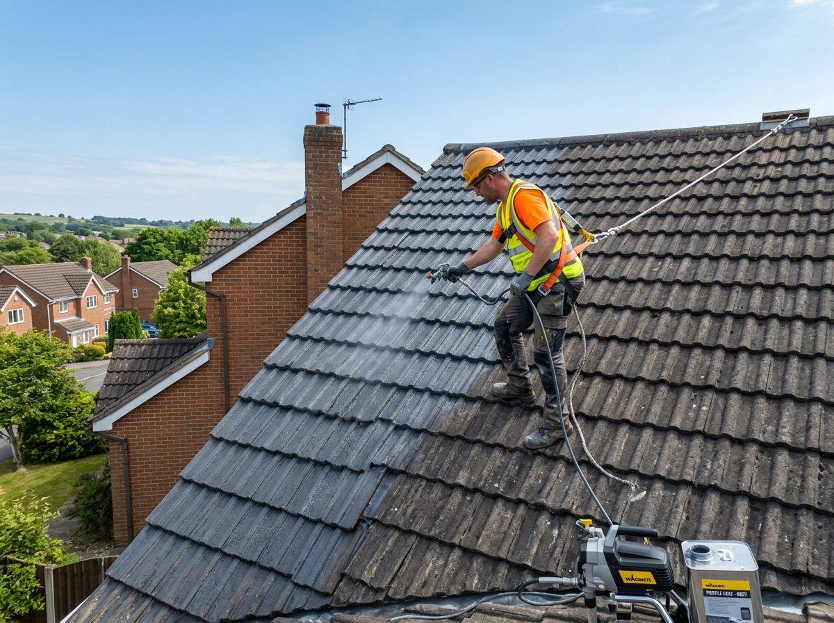 Roofer spraying coating on concrete roof tiles
