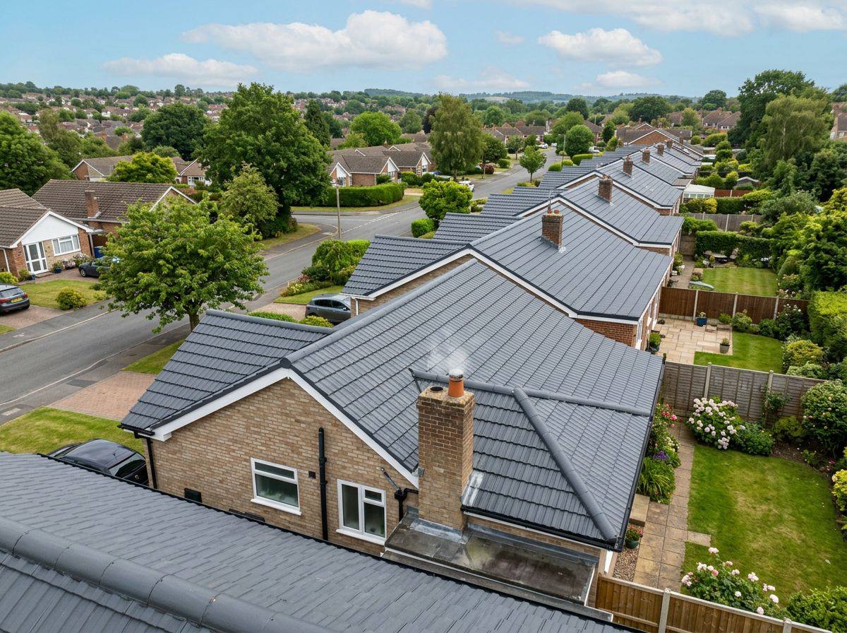 Row of bungalows with freshly coated grey roofs