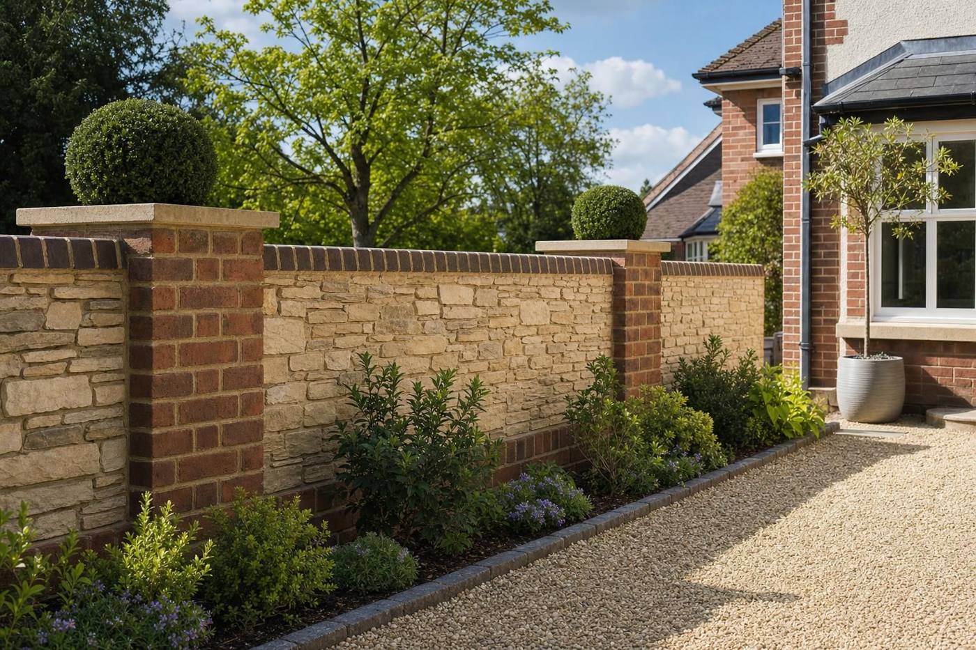 Clean stone and brick garden wall