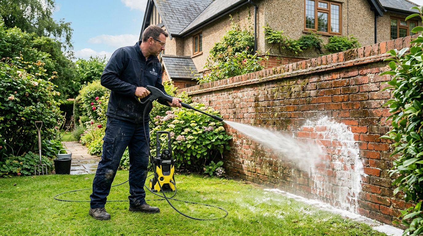 Pressure washing a brick garden wall